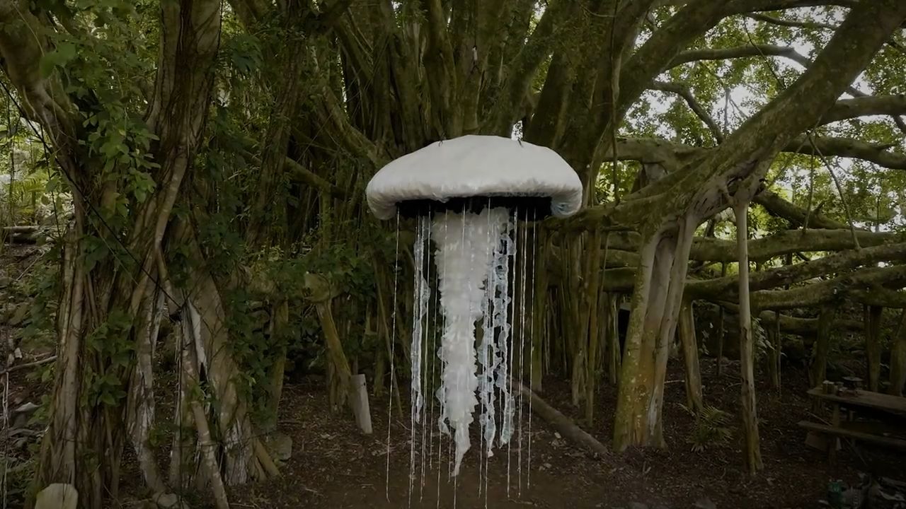 LED jellyfish sculpture suspended in a banyan tree — Light Lab Hawaiʻi.