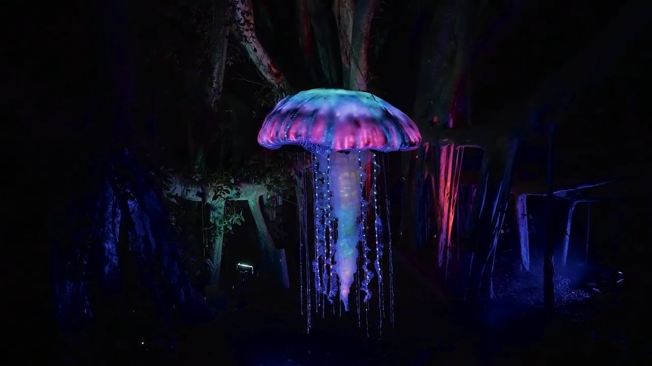 LED jellyfish sculpture glowing blue at night on the Big Island